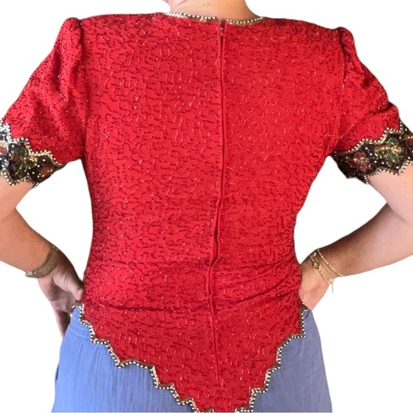 Vintage Laurence Kazar Sz M Allover Sequin Red Holiday Bow Novelty Trim Blouse - Picture 6 of 14